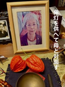 鬼灯を供へて母と対面す
