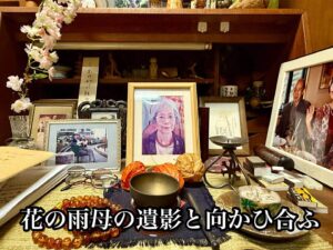 花の雨母の遺影と向かひ合ふ